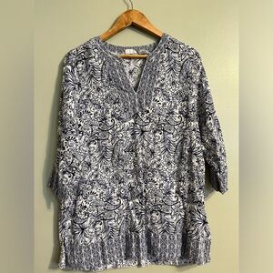 Singrid Olsen Womens 100% Linen Floral White Blue Tunic Top 3/4 Sleeve Sz M